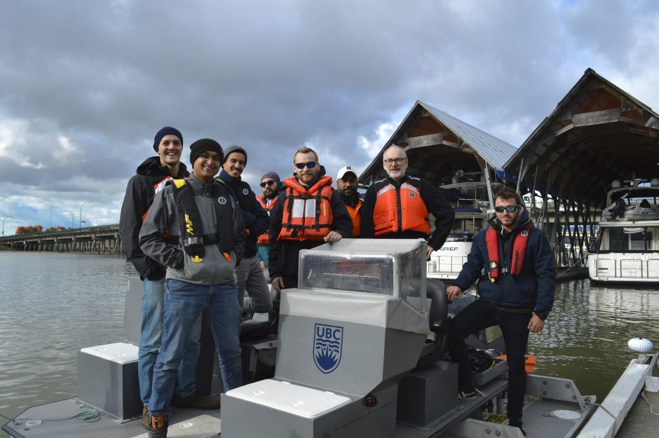 NAME graduate students, visiting French naval students, and Program Director Jon Mikkelsen aboard the UBC Marine Research Platform